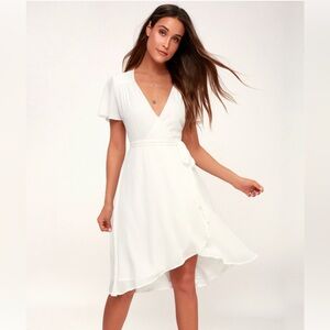 Lulu’s Rise to the Occasion White Midi Wrap Dress